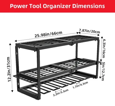 Immagine prodotto di Organizzatore per utensili - Scaffale da parete - Tre ripiani - Ideale per trapani e avvitatori - Acciaio - Nero