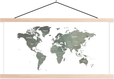Produktbild von MuchoWow® Textilposter Weltkarte - Grau - Design 120x60 cm mit holzfarbenen Rahmen - Klemmleiste