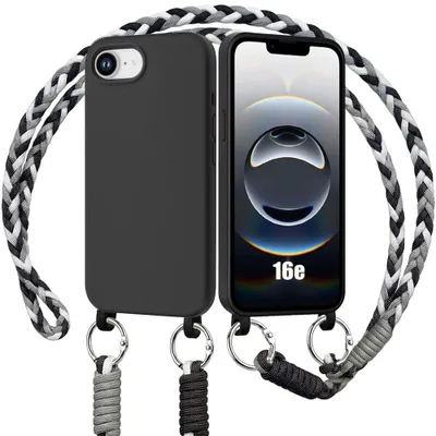 Image de Coque pour iPhone 16e, Protection Antichoc Silicone Noir avec Cordon Noir Blanc