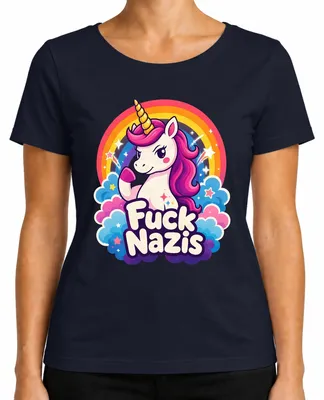 Productafbeelding van "Fuck Nazis", "Muskulair Eenhoorn", "Regenboog", "Statement", "Sarcasme", "Kleurrijk", dames T-shirt, marineblauw, maat S