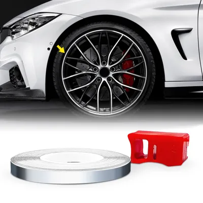 Imagen del producto de Franja decorativa para llantas, diseño Racing, cromada, de 5 mm de ancho y 6 metros de largo, con aplicador