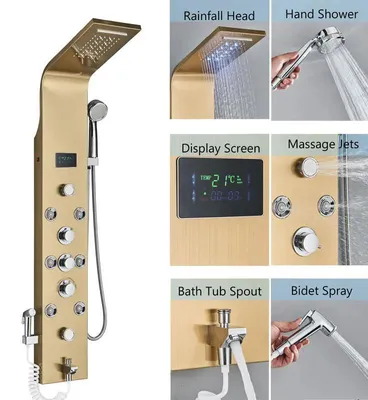 Obrázek produktu pro Sprchový panel, LED osvětlení, trojité ovládání, model 8009 (zlatá barva)