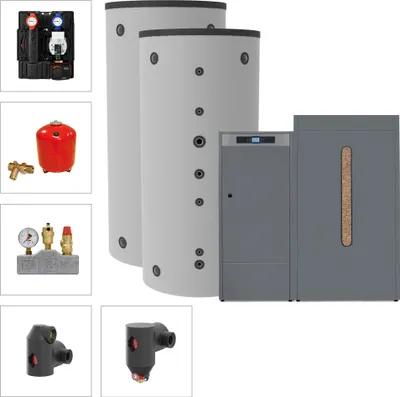 Produktbild von Solarbayer Pelletkesselset PLT-AC 45-1C Variante C 45kW mit 2xSLS-800-S Speicher