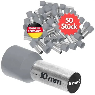 Aderendhülsen 50 Stück, isoliert, 4,0 mm², 10 mm, grau