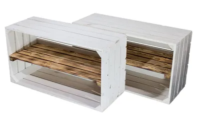 Produktbild von 2er Set Breite weiße Obstkiste mit geflammtem Mittelbrett 68cm x 40cm x 31cm Holzregal Weinkisten quer mit Zwischenbrett Gartenmöbel Aufbewahrungsregal Zwischenfach flambiert