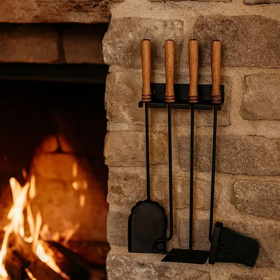Image de Ensemble d'outils pour cheminée murale, acier et bois, 5 pièces