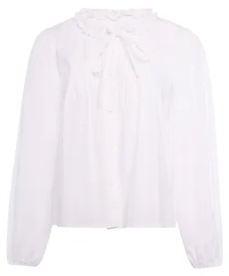 Produktbild von Damen Bluse weiß Größe S mit Rüschenkragen, Bindedetail und Bischofsärmeln
