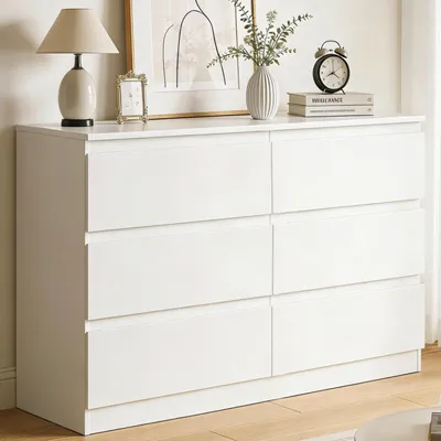 Image de Commode avec 6 tiroirs, blanche, en bois, dimensions : 120 x 40 x 75 cm