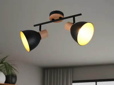 Produktbild von LED Deckenstrahler 2-flammig Metall Schwarz Gold & Holzoptik Flurlampe, B: 49cm