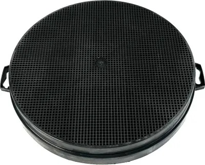 A top-down view of a black carbon filter for a range hood, isolated on a white background.