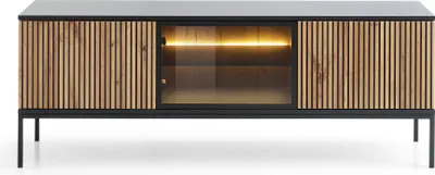 Obrázok produktu pre Moderný TV stolík s rebrovanou prednou časťou, 154 × 56 × 39 cm, čierny / dub Wotan