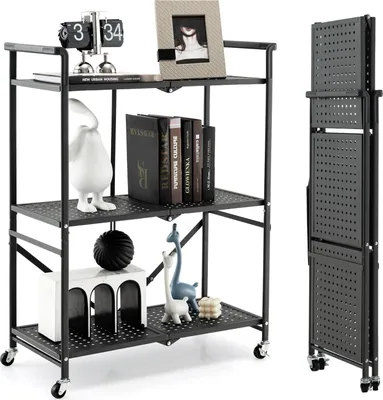 A black three-tiered folding serving cart with various decorative items on its shelves, shown in a studio setting against a white background. The cart is also shown folded on the right side of the image.