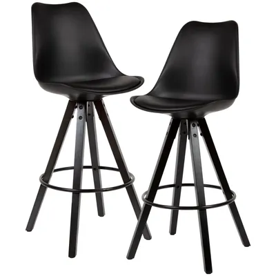 Produktbild von WOHNLING 2er Set Barhocker Schwarz Kunstleder / Massivholz Barstuhl Skandinavisch 2 Stück mit schwarzen Beinen Tresenhocker mit Lehne Sitzhöhe 77 cm