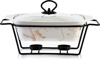 Produktbild von MONDEX | Servierschale - Rechaud - 31 x 18 x 15 cm - 1,4 L - Servierplatte - mit Heizelement - Weiß-Farbe gold