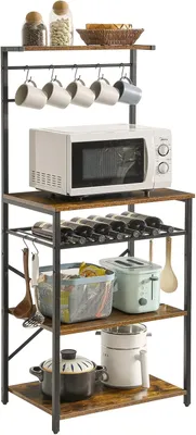 Imagen del producto de Estantería de cocina con 5 estantes, estantería para panadería, estantería independiente, estante para microondas con soportes ajustables para botellas de vino y ganchos en forma de S, multifuncional