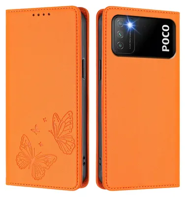 Produktbild von Lederhülle für Xiaomi Poco M3/Redmi 9T, Schmetterling Prägung Leder Brieftasche Schutzhülle mit Ständer Orange