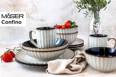 Produktbild von 12-teiliges Keramik Geschirrset mit 4 Kaffeebechern, 4 Untertellern, 4 Müslischalen, Vintage-Design, Beige, Schwarz, Ocker