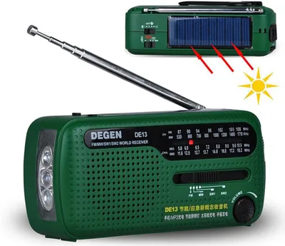 A green emergency radio with a solar panel and flashlight is shown with a sun graphic and red arrows indicating solar charging.
