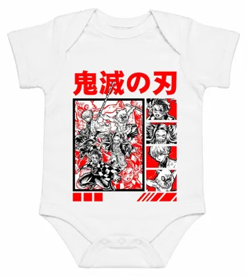 Productafbeelding van Demon Slayer: Kimetsu no Yaiba, Anime, Manga, Tanjiro, Nezuko, Inosuke, Zenitsu, Jongens-romper, wit, maat 6/12
