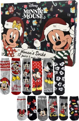 A Disney Minnie Mouse themed advent calendar box with multiple pairs of socks displayed in front of it.