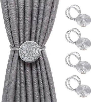 Imagen del producto de Uniqoos® Juego de 4 sujetacortinas magnéticos plateados – Ataduras para cortinas de poliéster con imán potente, 40 cm de largo, diámetro 5 cm, para dormitorios, salones, oficinas