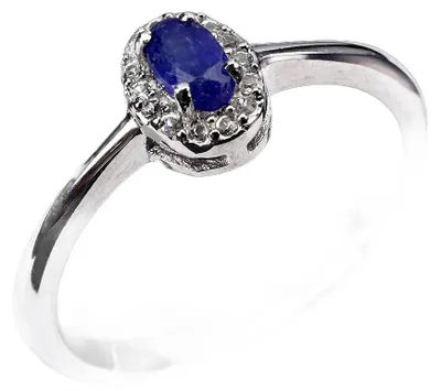Produktbild von 925er Feinsilber, zarter Ring mit natürlichem blauem Saphir und weißen Topasen, Ringgröße 17