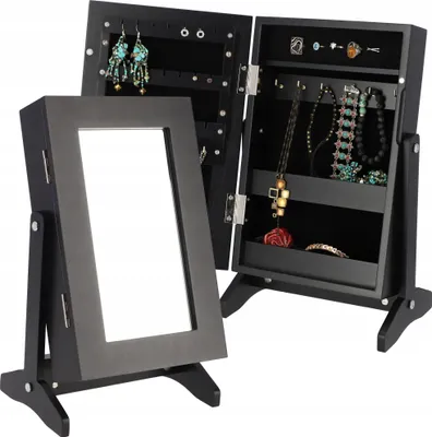 A black jewelry box with a mirror is shown open, displaying various jewelry items.