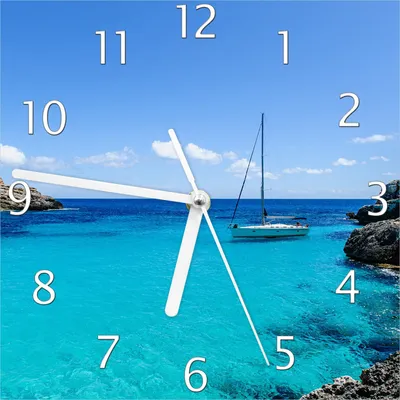 Produktbild von Wallario Design Wanduhr Segelboot in der Bucht aus Echtglas, Größe 20 x 20 cm