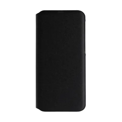 A black flip case for a smartphone, shown from the front.