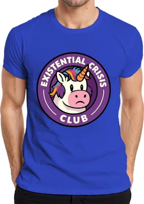 Zdjęcie produktu dla Klub Kryzysu Egzystencjalnego Jednorożec Śmieszna, sarkastyczna koszulka męska Retro Nerd, Niebieski, XL