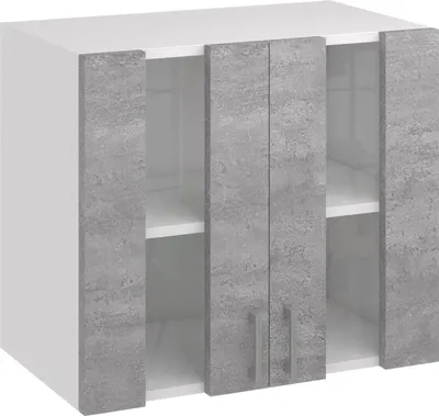 A white kitchen wall cabinet with two doors, each featuring a gray concrete-like texture. The cabinet has visible shelves inside.