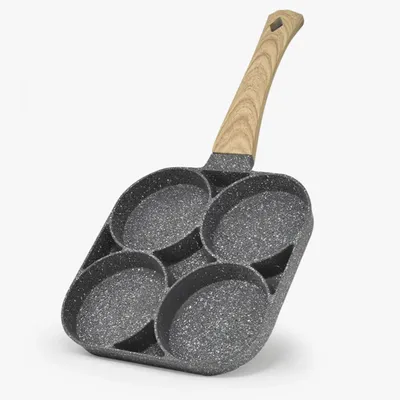 A multi-cup frying pan with a wooden handle, shown from a slightly elevated angle against a white background.
