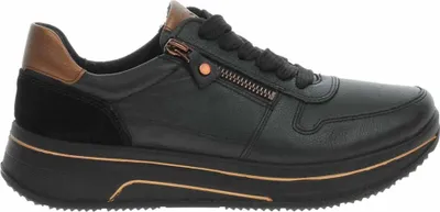 A side view of a black sneaker with bronze accents.
