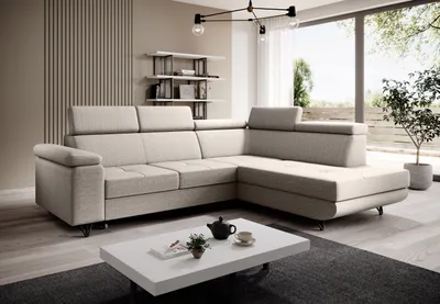 Produktbild von Ecksofa JUNIOR L-form Farbe Beige Vogue 2 Eckouch mit Schlaffunktion und Bettkasten, Ecksofa mit Verstellbare Kopfstützen, Wohnzimmer Polsterecke
