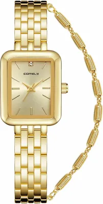 Produktbild von Elegantes Damen Armbanduhr Geschenkset mit rechteckigem Zifferblatt, Edelstahlarmband & wasserdichter Quarzuhr Gold