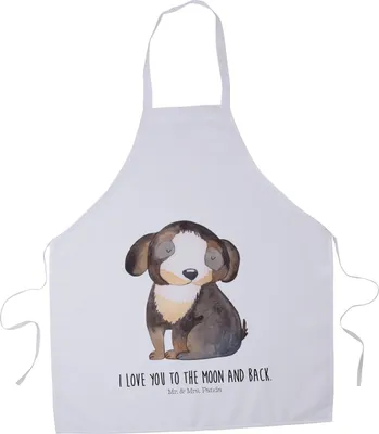Produktbild von Mr. & Mrs. Panda Kochschürze Hund Entspannen - Weiß - Geschenk, Treue, Liebe, Latzschürze, Verliebt, Schürze, Küchenzubehör, Küchenschürze, Sprüche, Backschürze