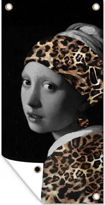 Produktbild von MuchoWow® 40x80 cm Outdoor-Poster Gartendeko Sichtschutz Garten Poster für den Garten  Das Mädchen mit dem Perlenohrring - Pantherdruck - Vermeer
