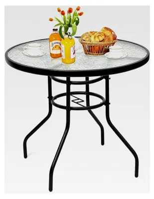 Produktbild von Gartentisch mit Schirmloch und Glasplatte, Metall Couchtisch für Balkon, Terrasse und Garten (1, Rund)