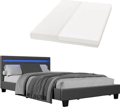 Produktbild von Juskys Polsterbett Verona - 120x200 cm - Bettgestell inkl. LED-Beleuchtung, Lattenrost & Matratze - grau - Kunstleder - Einzelbett Jugendbett