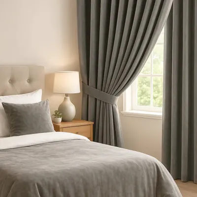 A bedroom scene with a bed, nightstand, lamp, and curtains.