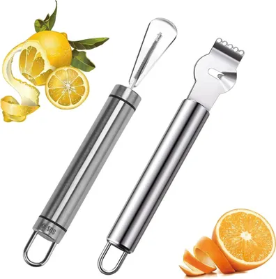 Produktbild von 2 Stück Edelstahl Zitronenschaber, Zitronen Zester Schäler, Orangenschäler Zitronenreibe Zester,Zestenschneider Reibe Slicer Cutter Schäler Entferner küchenschäler für Gin Cocktails, Limetten Orangen