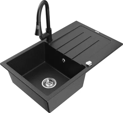 Produktbild von Mexen Bruno 1 Becken-Granitspüle mit Abtropffläche und Mischbatterie Elia, Schwarz/Silbermetallic - 6513-73-670101-70