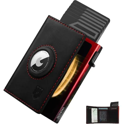 Image de Étui à cartes pour homme avec compartiment pour AirTag, protection RFID, poche à pièces, noir et rouge