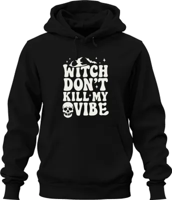 Produktbild von Witch Don't Kill My Vibe Halloween Totenkopf Fledermaus Hexe Spruch Uni Hoodie Kapuzenpullover, Schwarz, S