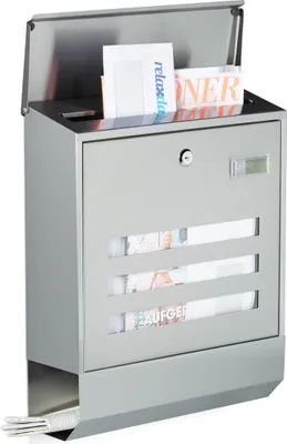 Produktbild von Relaxdays Briefkasten Edelstahl mit Zeitungsfach, Namensschild, HxBxT: 42 x 35 x 12,5 cm, Postkasten, Design, silber