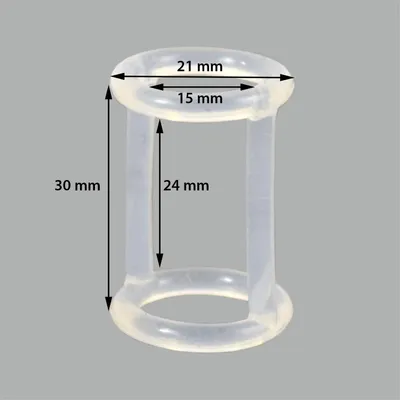 A diagram of a clear plastic part with dimensions indicated by arrows and text.