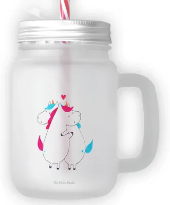Produktbild von Mr. & Mrs. Panda Glasbecher Einhorn Mitteilung - Transparent - Geschenk, Einhörner, Becher mit Deckel, Trinkglas, Glas Und Strohhalm, Liebe, Spruch, Cocktailglas, Unicorn