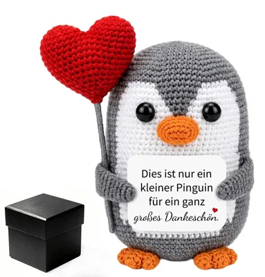 Handgehäkelter Pinguin Plüschpuppe mit Dankeskarte, Geschenk