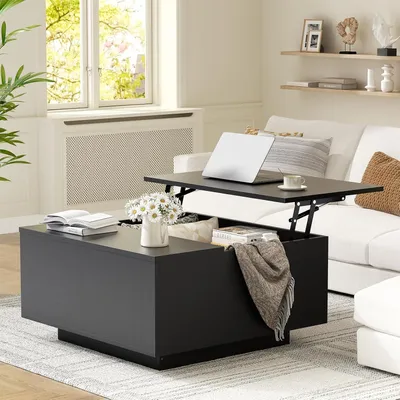 Produktbild von FABATO Couchtisch eckig, höhenverstellbar mit verstecktem Staufach, Landhaus-Design in Schwarz
