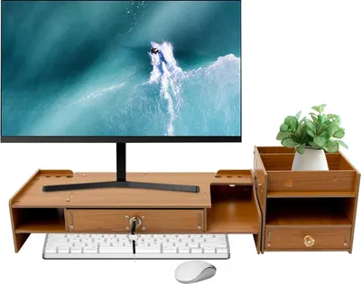 Obrázok produktu pre Stojan na monitor – zvýšenie obrazovky – drevo – nosnosť 2,5–5 kg – pre počítače, notebooky a knihy – ergonomický